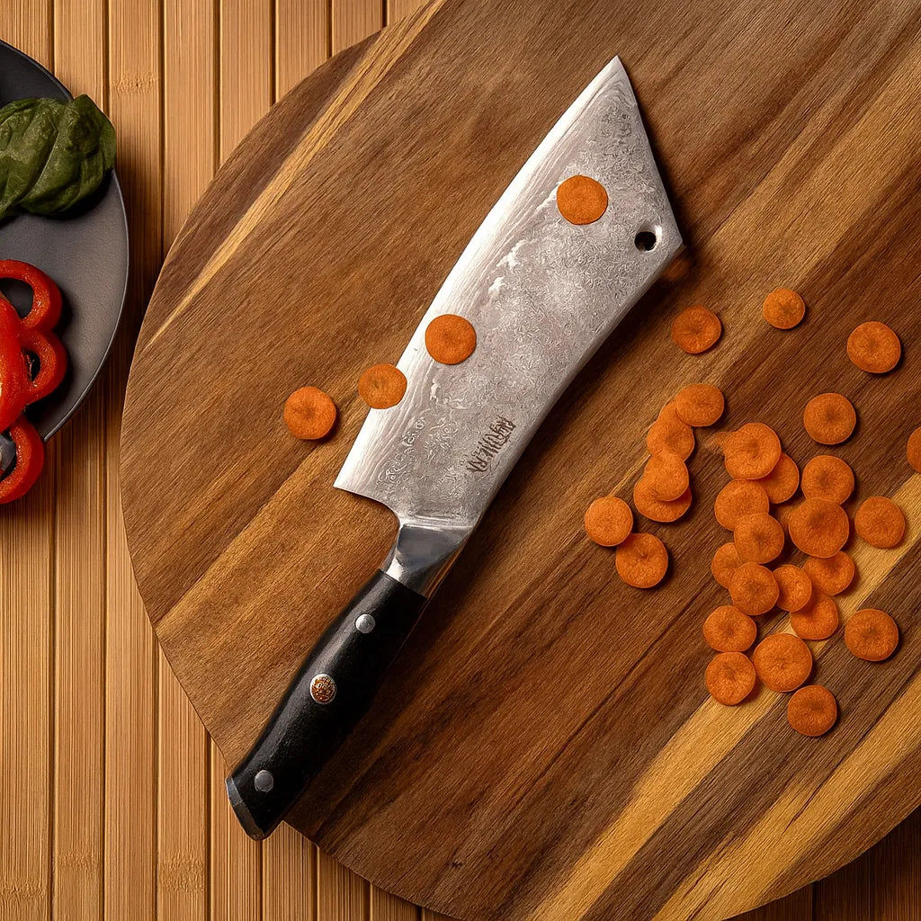 Northern Knife Seraphim Damascus steel meat cleaver resting on a rustic round wooden cutting board with sliced carrots and red peppers, highlighting its intricate blade pattern and ergonomic handle.