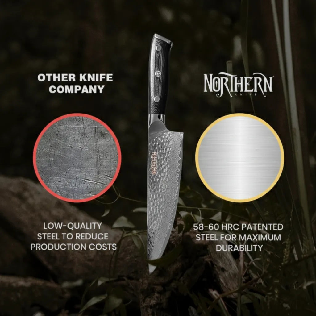 Northern Knife comparison infographic showing 58-60 HRC patented steel for maximum durability versus low-quality competitor steel used to reduce production costs.