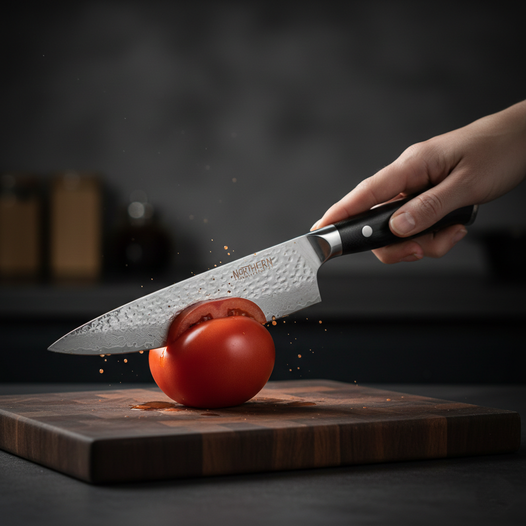 A person using a professional hammered Damascus steel chef knife to precision-slice a fresh red tomato on a wooden end-grain cutting board in a dark kitchen.