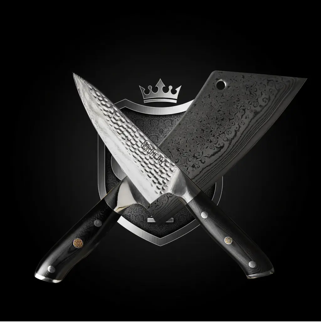 Northern Knife brand emblem featuring a crossed hammered Damascus chef knife and meat cleaver over a silver crest with a crown on a black background.