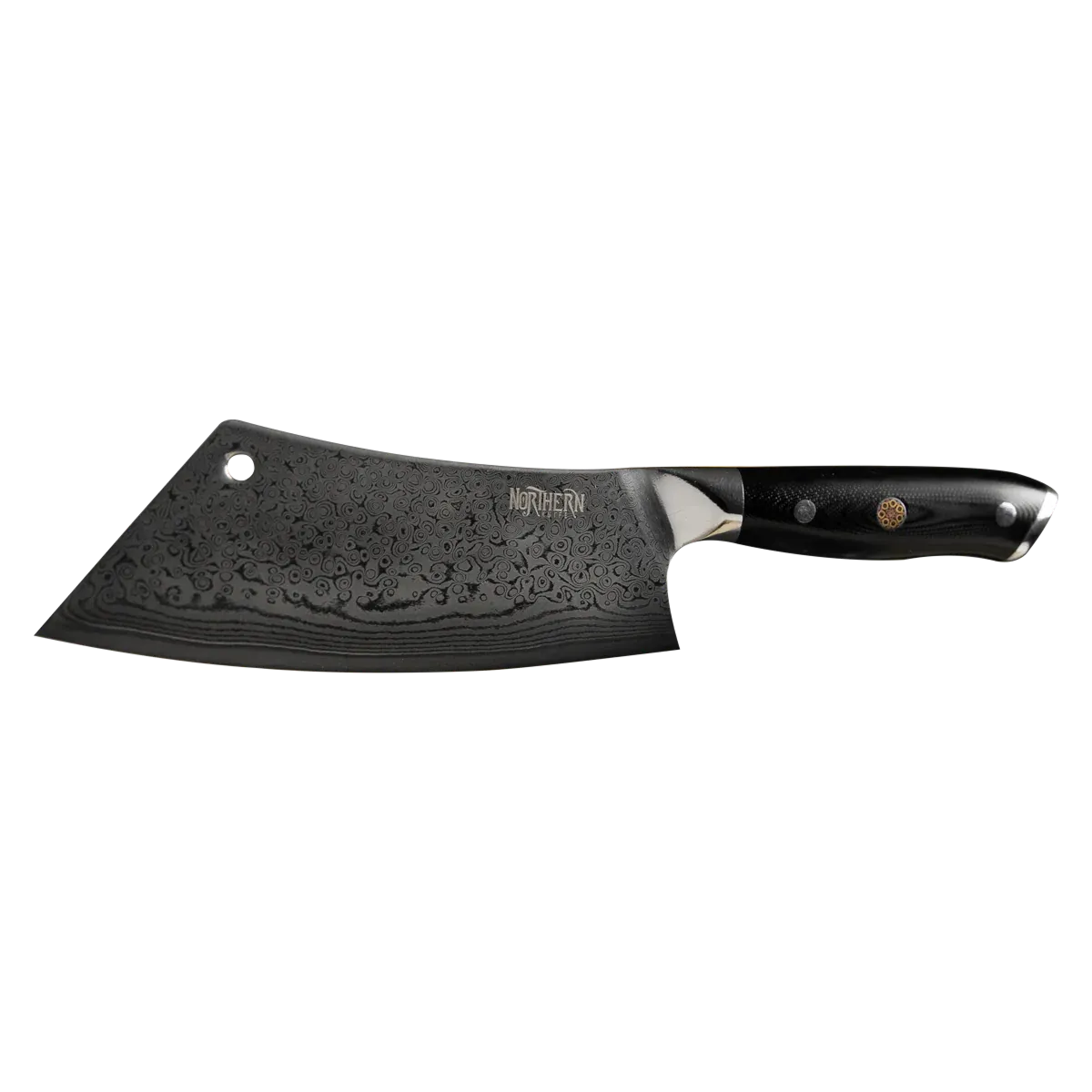 Northern Knife Odin Hybrid Cleaver on a white background, featuring a dark Damascus steel blade with intricate raindrop patterns and an ergonomic G10 handle.