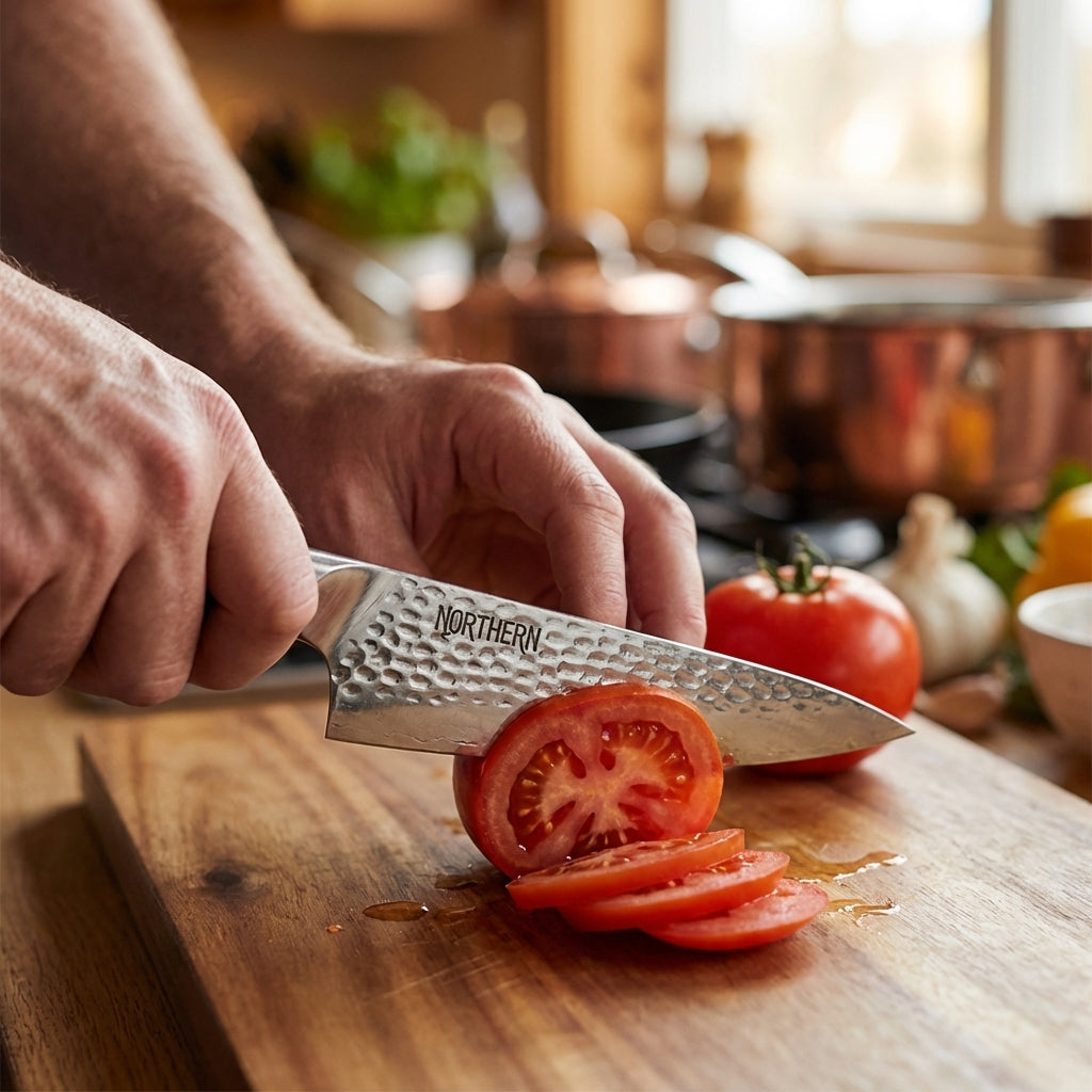 A person using a professional hammered Damascus steel chef knife to precision-slice a fresh red tomato on a wooden end-grain cutting board in a dark kitchen.
